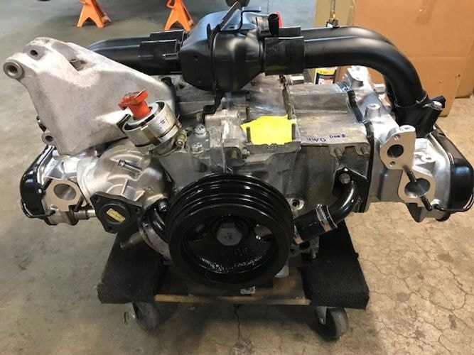 Engine assembly on workbench