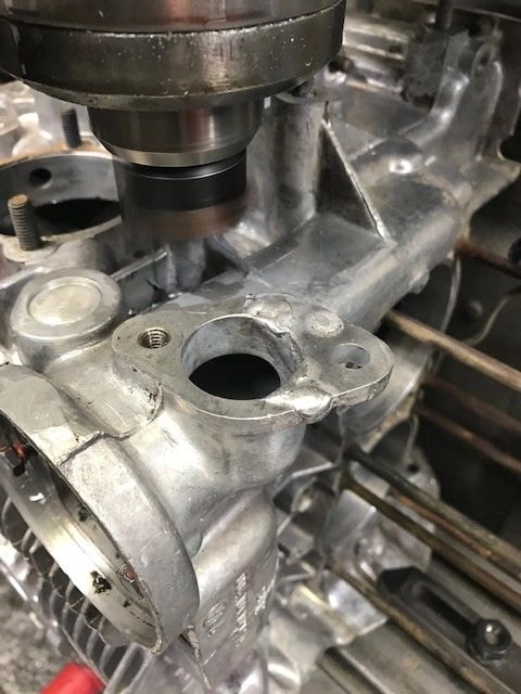 T-4 engine block with broken oil fill welded and machined